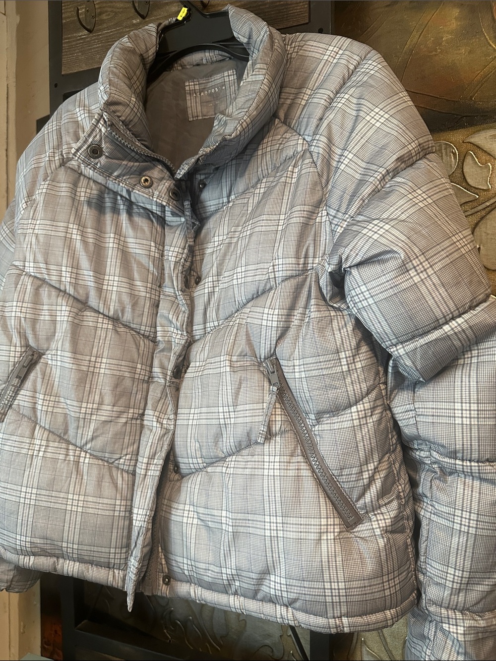 Lightweight Plaid Puffer Jacket - Gray
